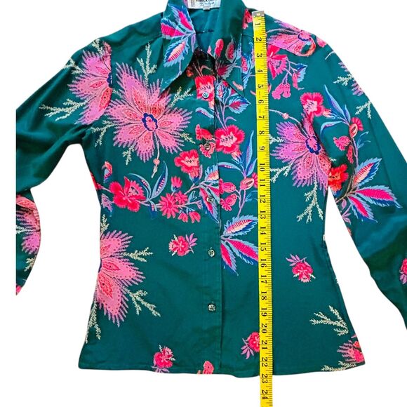 Franck Olivier Paris 1970s Silk Blouse French Size 40 Green Floral Dagger Collar - Picture 4 of 11